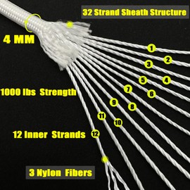 VVAAGG 1000lb Paracord Rope, 50ft 12 Strand Parachute Cord for Crafting, DIY Projects, Survival Bracelets, Climbing Camping, Tent, Clothsline, Outdoor Hiking, Fishing (White, 50FT)