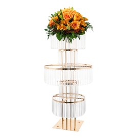 DDYOOK 5 Tier Acrylic Crystal Flower Stand,Crystal Flower Stand for Wedding Centerpieces ,Golden Crystal Pendant Decorative Planter for Wedding, Stage, Birthday Party Decoration