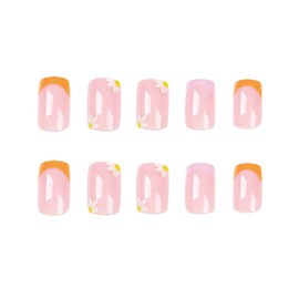 Enppode Medium Press on Nails French Fake Nails with Flowers Design Colorful Square Nails for Women