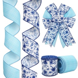 FYSUIMU Blue Floral Wired Edge Ribbon Plaids Flower Fabric Ribbon Chinoiserie Craft Ribbon for Wedding Spring Baby Shower Wreath Bow DIY Crafts, 2 Roll, 20 Yards