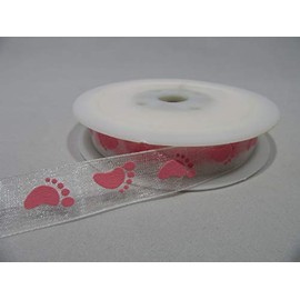 2 metres x 15mm Organza Ribbon White with Pink Baby Feet 15 mm 1.5cm