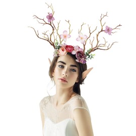 FRESHME FRESHME Fairy Antlers Flower Crown - Handmade Elf Deer Reindeer Headbands Headpiece for Women Renaissance Cosplay Accessories