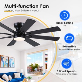 BYKISTOK Black Ceiling Fan with Light and Remote/APP Control, 52in Flush Mount Fan Light with 8 Blades, Reversible and LED Dimmable, Indoor Outdoor Light Fixture for Bedroom, Covered Patios