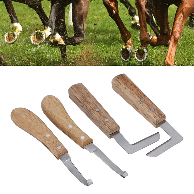 4pcs Hoof Knife Carbon Steel Wooden Handle Left and Right