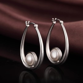Silver Pearl Earrings for Women Pearl Hoop Earrings Pearl Dangle Earrings Sterling Silver Pearl Earrings Large Pearl Earrings Silver Pearl Hoop Earring Oval Pearl Earring with Pearl Earring