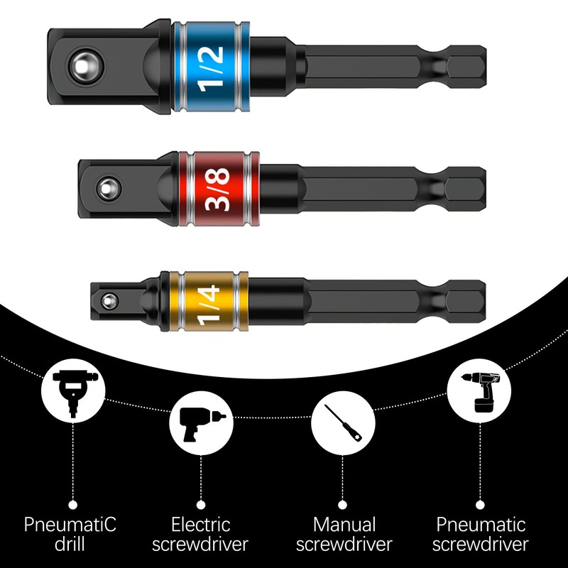 Impact Driver Socket Adapter Set, Extension Bit 1/4, 3/8, 1/2