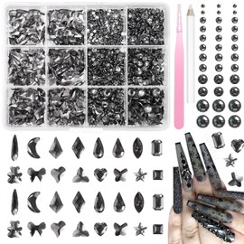 Black Nail Art Rhinestones Kit Flatback Gems for Crafts Multi Shapes Flat Bedazzling Gems Heart Star Moon Water Drop Square Nail Art Jewels Gems Stones for Nails Art DIY Crafts