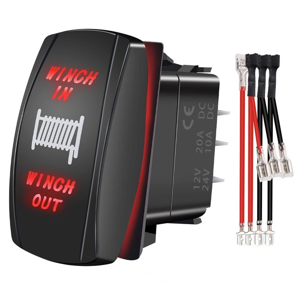 mankk 7 Pin Momentary Winch in/Out Rocker Switch Red LED