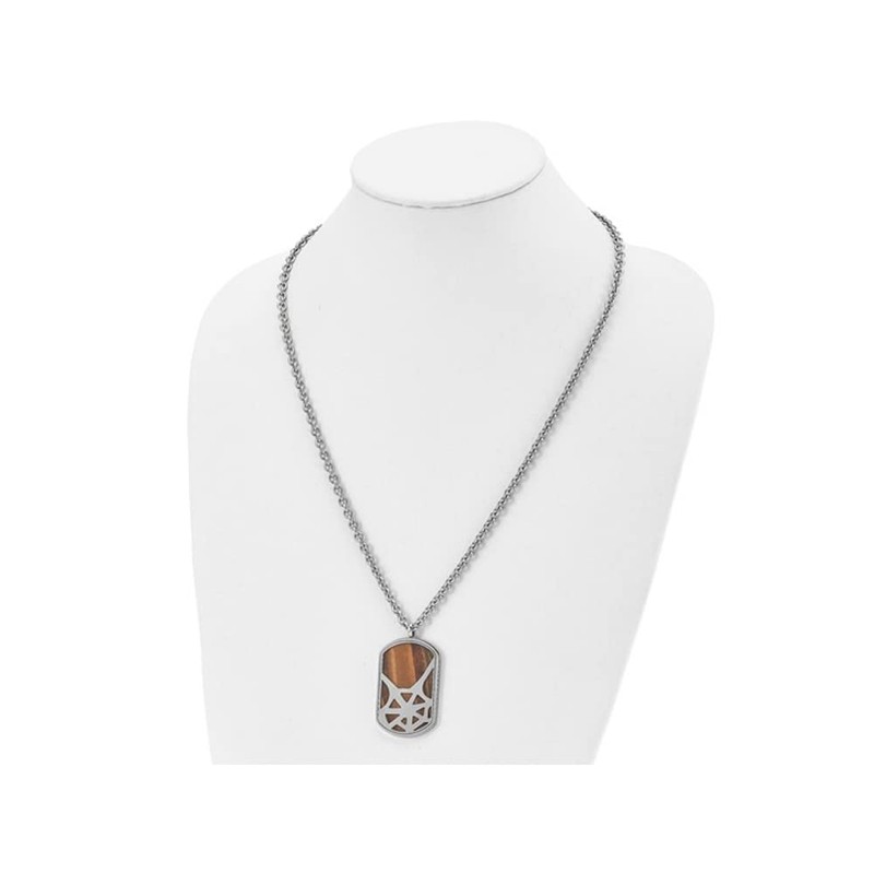 Mens Stainless Steel Tigers Eye Spider Web Dog Tag Pendant