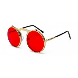 qinqilanqi-S Retro Metal Steampunk Flip-Up Sunglasses for Men and Women, Round Frame Sunglasses for Fashion, Gold/Ocean Red
