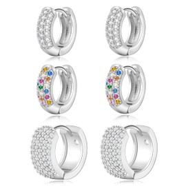 LYLYMIMI 3 Pairs Small Gold Hoop Earrings Set for Women Golden Cartilage Earrings Diamond Pave Gold Earrings Set with Sterling Silver Post (silver)