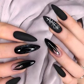 Pikabows Press on Nails Long Stiletto Amor Black Fake Nails Acrylic False Nail Tips Kit Glue on Nails for Women