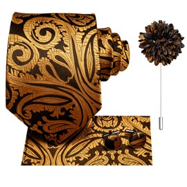 Hi-Tie Men Tie Flower Lapel Pin Set Jacquard Woven Silk Necktie Handkerchief Cufflinks Wedding Party,Gold Black Paisley