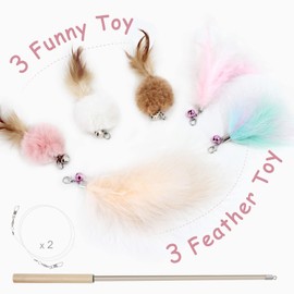 SONGWAY Cat Interactive Feather Toys - 7 PCS Cat Toys Set for Indoor Cats, Retractable Cat Wand Toy, Cat Feather Toys with Bell,Replaceable Feather Tail Toy, Kitten Toy Gift, Pink