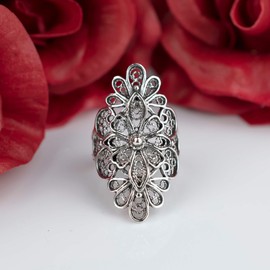Filigranist 925 Sterling Silver Artisan Made Handcrafted Lace Embroidery Filigree Art Women Cocktail Statement Ring (Long, 6.5)