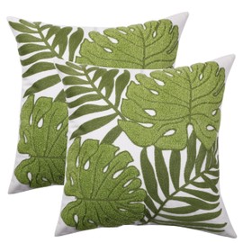 Tosleo Green Tropical Leaf Embroidered Throw Pillow Covers 18x18 Inch Set of 2 Monstera Palm Leaves Couch Pillowcases Botanical Plant Cushion Case Summer Home Decor for Living Room Bedroom Bed
