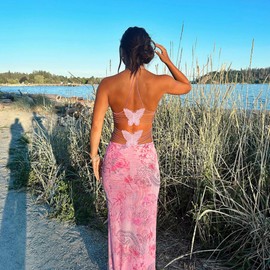 Women's Fairy Butterfly Maxi Dress Sexy Sleeveless Backless Long Dress Bandage String Bodycon Beach Club Party Dress