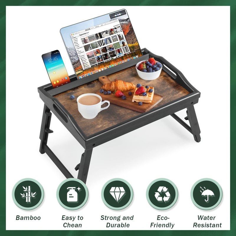 2 Pack Bed Tray Table Breakfast Trays Serving Tray Bamboo