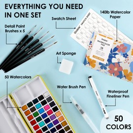 Grabie 50 Colors Premium All-In-One Water Color Paint Set - Detail Paint Brush Included, Watercolor Paints, Painting Sets, Art Supplies, Portable & Travel Watercolor Set, Amateur Hobbyists