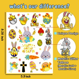 34 Metallic Glitter Styles Easter Temporary Tattoos for Kids, Easter Eggs Decorations Party Supplies Favors, Easter Gifts Tattoos Stickers for Boys and Girls (2 Sheets)