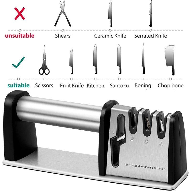 4-in-1 Professional Knife and Scissors Sharpener, Manual Kitchen Sharpening Tool,