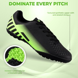 Vizari Santos Turf Soccer Shoes for Boys and Girls| Turf Shoes with Two Color Synthetic Upper | Youth Football Turf Shoes with Rubber Oursole | Superior Traction on Turf Ground, (Black/Green, 13)