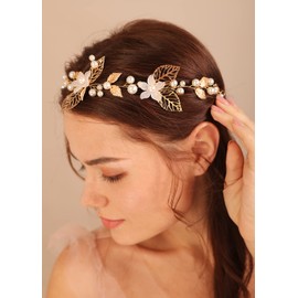 Deniferymakeup White Flower Headband Leaf Hair Vine Pearl Hair Piece Bridal Shower Hair Jewelry for Wedding Brides Bridesmaid (Rose Gold)