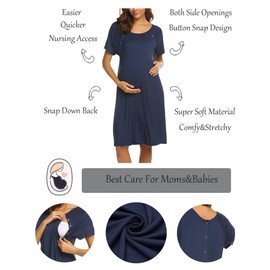 Ekouaer Cotton Sleepshirt Short Hospital/Nursing/Delivery/Labor Sleepwear Navy Birthing Robe(Navy Blue,M)