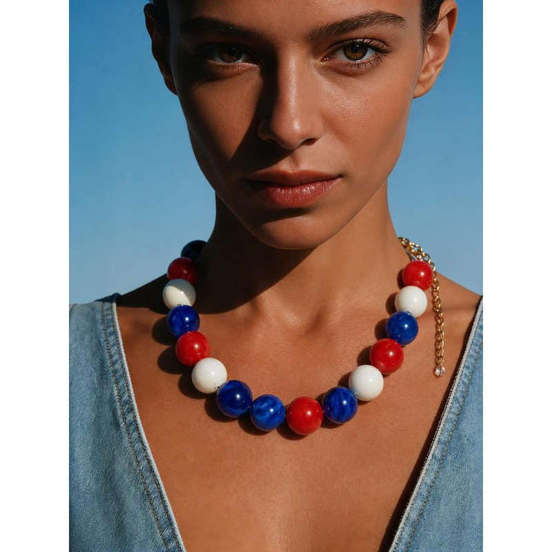 CLASSYZINT 20mm Chunky Red White Blue Beaded Necklace for Women