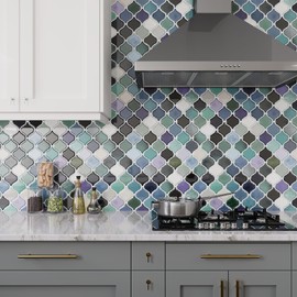 VEELIKE Teal Green Arabesque Backsplash Tile Peel and Stick Backsplash for Kitchen 6 Sheets 12''x12'' Waterproof Self Adhesive Back Splash Stick on Wall Tiles for Kitchen Bathroom Renter Friendly