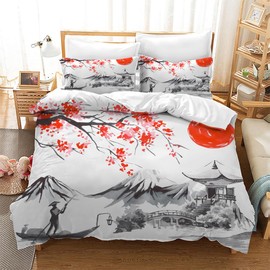 CXYXHW Cherry Blossom Bedding Set, Japanese Sakura Duvet Cover, Ink Painting Style Microfibre Duvet Cover Set 3-Piece for Children, Duvet Covers with 2 Pillowcases (Cherry Blossom 2, 135 x 200 cm)