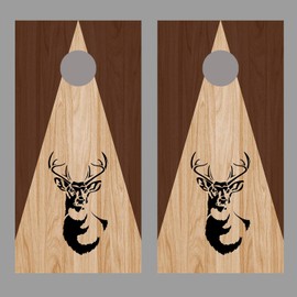 Lets Print Big Buck Deer Silhouette on Triangle Stained Wood Corn Hole Board Decal Wrap