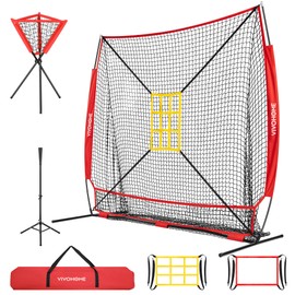 VIVOHOME Baseball Net, 7 x 7 ft Baseball Softball Hitting Net with Large Ball Collection System, Baseball Net for Batting and Pitching with 2 Strike Zone, Batting Tee, Carry Bag, Ball Caddy, Red