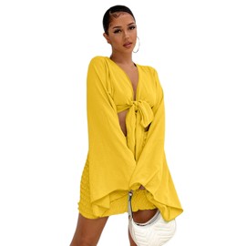 LYANER Women's 2 Piece Outfits Tie Knot Front Bell Long Sleeve Crop Top and Mini Skirt Set Yellow X-Large