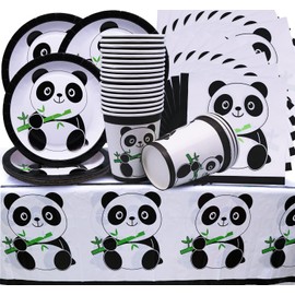 Pack of 61 Panda Party Tableware, Panda Birthday Decoration, Panda Plates, Panda Cups, Panda Napkins, Panda Tablecloth, for Boys and Girls, Panda Theme Birthday Party