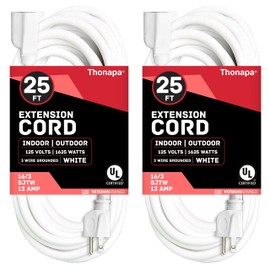 Thonapa 2 Pack White Extension Cord 25 ft, 16/3 SJTW Weatherproof Indoor & Outdoor Extension Cord 3 Prong Grounded Plug, Heavy Duty Power Cable Great for Home, Office, Outdoor Lights, US Veteran Owned