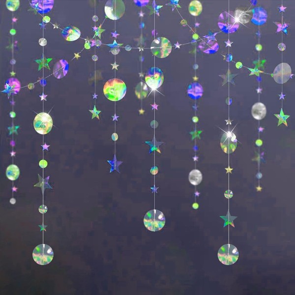 52Ft Iridescent Twinkle Circle Dot Star Garland Decoration,Hanging Shiny Paper
