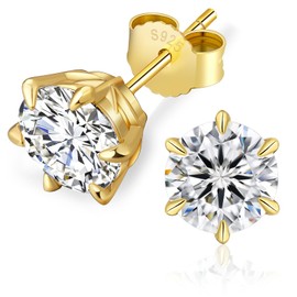 KRKC Moissanite Earrings for Women, S925 Silver Diamond Stud Earrings 3/4/6 Claw, 14K Gold/White Gold Plated VVS1 D Colour, 0.6/1/1.2/1.6/2/3 Carat Nickel Free Round Earrings, S925 silver