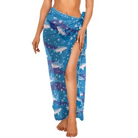 Spowatriy Cartoon Shark Women's Sarong Swimsuit Coverups Chiffon Long Bikini Wraps Sheer Swimwear Beach Bathing Suit Cover Up