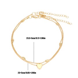 Double Anklet, 2 Pieces Gold Heart Ankle Bracelets, Layered Love Beads Foot Chain, Beach Anklets for Women, Jewelry for Women and Girls, Double-Layer, with Claw Clasp, Gold