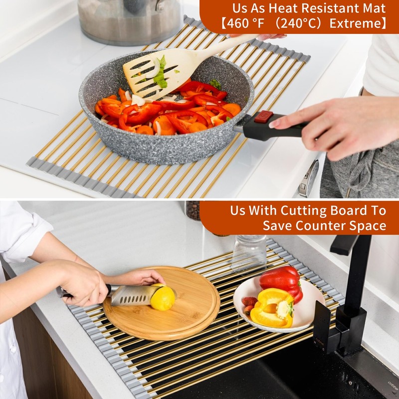HAYAWEY Extra Large Golden Roll-UP Dish Drying Rack-Stainless Steel Dish