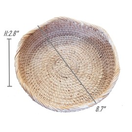 amololo Handmwoven White Washed Rattan Round Fruit Basket Food Storage Bowls,Boho Home Décor Display Tray for Coffee Table,Ottoman,Dining Room, 8.7"DX2.8"