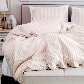 Lavien Home, 100% Natural Cotton Duvet Cover Set Twin Size, Dusty Lavender-Tinted Striped Pre-Washed 2-Piece Linen Like Bedding (Helena, Twin 68”x90”)