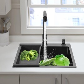 Kitchen Single Bowl Sink Stainless Steel Sink w/ Drain Basket & Pull-out Faucet