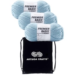 Premier Basix Chunky Knitting Yarn Sky 1145-28 (3-Pack) Same Dye Lot Chunky Bulky #5 Soft 100% Acrylic Bundle with 1 Artsiga Craft Bag