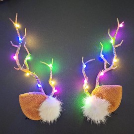 Wedity LED Christmas Glowing Hairpin 2pcs Simulation Tree Branch Hair Clips Light up Elk Antlers Feathers Headdress Party Decorative for Women and Girls (Colour 2)
