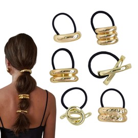 6 Pieces Metal Hair Ties, Metal Geometric Elastic Hair Ties, Gold Hair Cuff Wrap Hair Ties for Thick Hair, Gold Ponytail Cuff, Elastic Hair Ties for Women, Hair Accessories