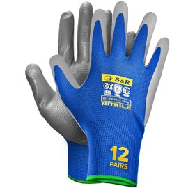 S&R Protective Gloves 12 Pairs with Nitrile Coating in XL/10, Non-Slip Work Gloves for Assembly, Building, Restoration