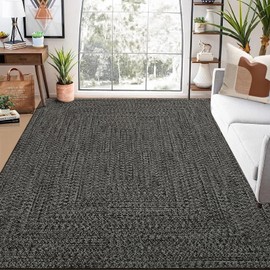 GarveeHome 8x10 Area Rug Print Braided Area Rug Machine Washable Rug for Living Room Farmhouse Solid Printed Weaving Carpet Non-Slip Stain Resistant Accent Rug Floor Cover for Home Decor, Grey/Brown