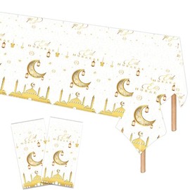 POPOYU Pack of 2 Ramadan Tablecloths, White Gold, 137 cm x 274 cm, Large Eid Ramadan Mubarak Tablecloth, Ramadan Table Cover, Ramadan Decorative Tablecloth for Mubarak, Islam, Muslim Party